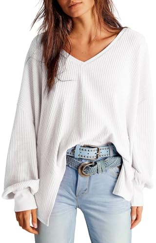 Dokotoo Womens Tops Long Sleeve Waffle Knit Shirts Oversized V Neck White Tops Ladies Comfy Soft Spring Blouses Cute Workout Batwing Lightweight Sweater Medium