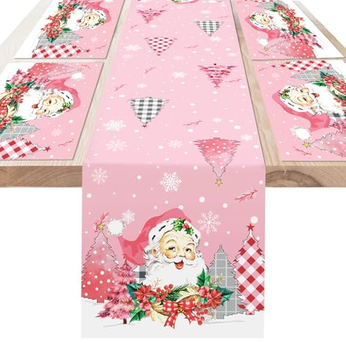 DPKOW Tovagliette Runner da tavola Natalizie Rosa, Decorazione da tavola Natalizia Rosa, Runner da Tavolo di Babbo Natale tovagliette tovaglia Natalizia Rosa, Decorazione del Tavolo da casa Natalizio