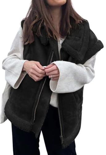 loveimgs Chaleco de invierno de piel de oveja cálida de ante para mujer, con cremallera, sin mangas, abrigo de piel de cordero con bolsillos