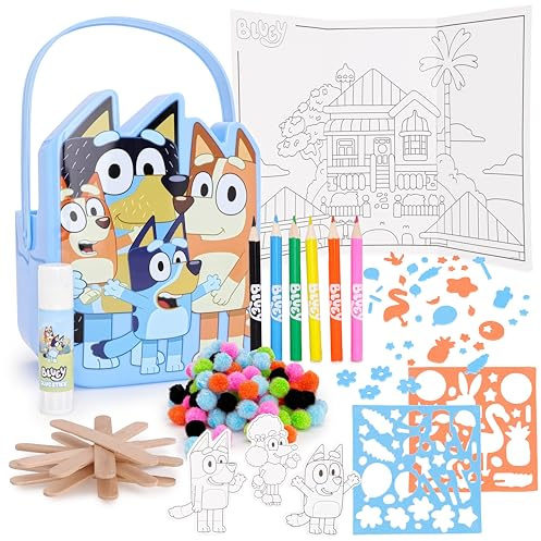 Toyland® 28 delar Bluey Bucket Activity Set - 25 hantverkstillbehör, 1 limstift, 1 vikbart målarark och 1 hink - Konst- och hantverksleksaker