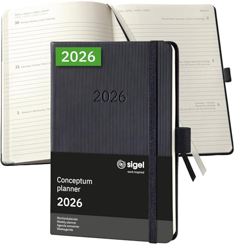 SIGEL C2613 Agenda settimanale Conceptum 2026-1 anno - circa A6 - nero - 2 pagine - 1 settimana - copertina rigida - 80 g/m² - 176 p. - certificazione PEFC