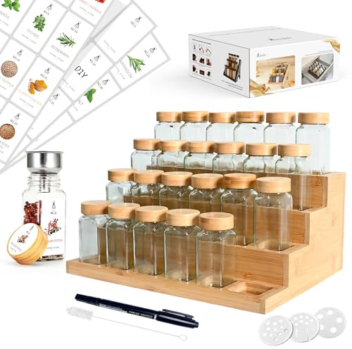 SAEIV Gewürzgläser Eckig mit 2-in-1 Bambus-Gewürzregal Stehend (FCM®) – 24x120ml Spice Jars, Regal & Gewürzgläser Set, 120 Etiketten, Platzsparend für Küchenorganisation