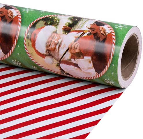 RUSPEPA Christmas Reversible Wrapping Paper Roll, Mini Roll, Vintage Red Green Santa Claus Design and Red White Candy Cane Stripe Pattern Gift Wrap Paper for Gifts, 43.2cm x 10m