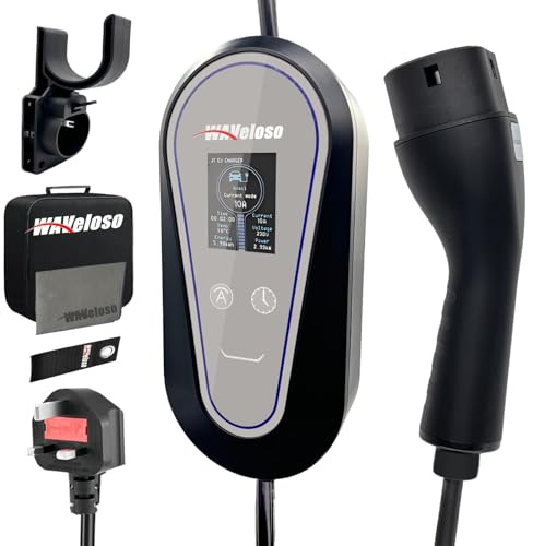 Waveloso EV Charger Cable Type 2 to 3 Pin Plug 10M/32.81ft,【6/8/10A】Adjustable Current Type 2 Charging Cable 3 pin Electric Car Charger 10A With LED Screen Timing Delay