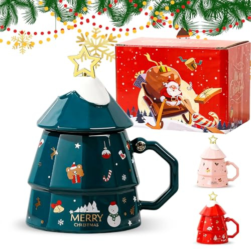 Yuragim Keramisk julgransmugg med söta koppar julgran kaffekopp julmugg med lock och blandningsstång, 350 ml julgransmugg kaffemugg för kvinnor, födelsedagar, jul
