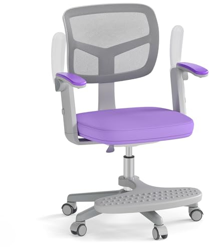 COSTWAY Sedia da Scrivania Bambini Girevole, Altezza Regolabile, Sedia da Studio per Ragazzi con Braccioli a Ribalta e Poggiapiedi, Poltrocina in Rete per Bambini 3-15 Anni, Portata 150 kg (Viola)