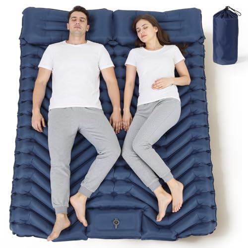 HAUSPROFI Tapis de Camping Isotherme Double, Matelas pneumatique de Camping ultraléger pour 2 Personnes avec Pompe à Pied et Oreiller, Matelas Gonflable Compact et léger, Tapis de Camping, Bleu