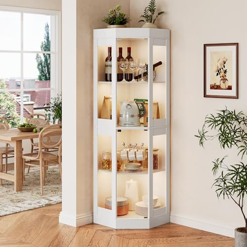 SVEYLXA Vitrina esquinera de cristal de 178 cm con iluminación LED, vitrina esquinera, 4 capas, color blanco, resistente al polvo, con diseño sin mango, para cocina, comedor y salón, color blanco