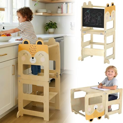 AIYAPLAY Torre de Aprendizaje 3 en 1 Plegable, Convertible en Escritorio y Silla, Taburete de Aprendizaje para Niños de 2-5 Años con Pizarra, Dibujos de Zorros, para Baño, Cocina, Natural