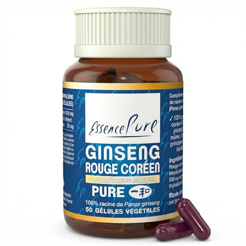 Ginseng Rouge de Corée 1000mg | Panax Ginseng Concentration Maximale en Ginsénosides | Énergie Mentale & Physique | Adaptogène Naturel | 50 Gélules Véganes Essence Pure