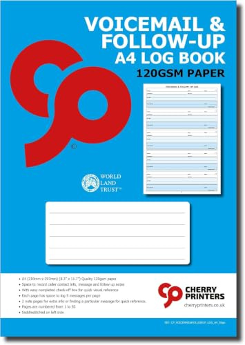 Cherry Printers Libro de registro de correo de voz y seguimiento, A4 (8.3 x 11.7 pulgadas), libro de registro de mensajes, 56 páginas, 50 hojas de registro numeradas, 5 mensajes por página, notas de