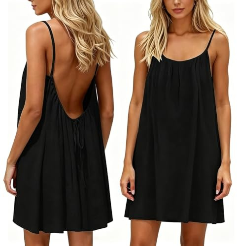 Youkly Robe d'été Femme Courte Mini Dos Nu, Robe Caraco à sans Manches | Bretelles Spaghetti Robe Femme, Idéale pour Maison, Plage et Vacances