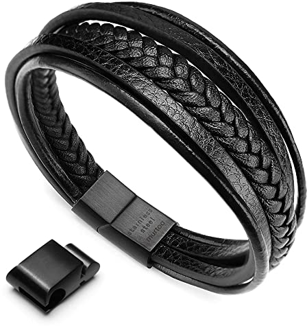 murtoo Herren Armband Edelstahl Echtleder Armband Naturstein Geflochten Mit Magnet Verschluss (22.5cm, schwarz)