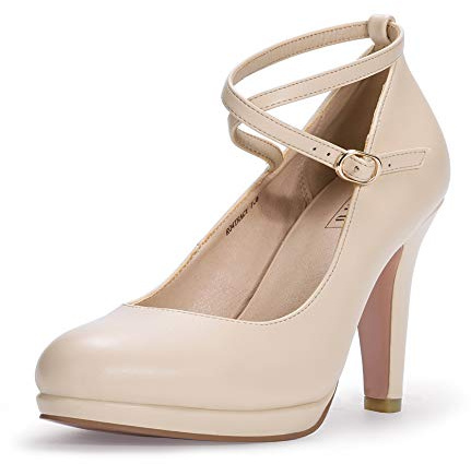 IDIFU Women's Tracy Platform High Heels Closed Toe Pumps Strappy Cross Ankle Strap Shoes for Casual Work Wedding (9 M US, Nude Pu)