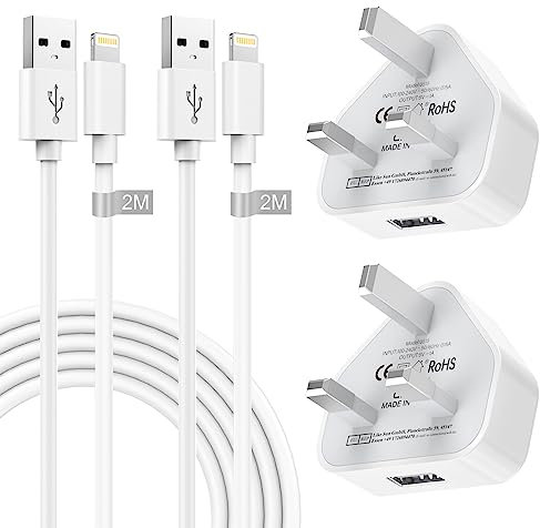 AINPOW iPhone Charger Plug and Cable 2M 2Pack[Apple MFI Certified], Apple 14 13 12 11 Pro Max/SE/XS/XR/X/8/7/6S/6/Plus/5S, Plugs UK USB Phone Plug, White