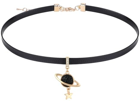 Yolev Choker Schwarz Halskette Damen Leder Goth Halskette Schwarzes Halsband Gothic Choker Halsband Kette mit Kosmischer Planet Anhänger Schmuck Lederkette Damen Mädchen Weihnachten Zubehör
