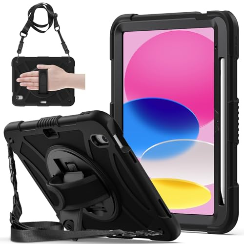Gerutek Funda Anticaída para iPad 11ª / 10ª Generación (2025/2022), 11/10,9 Pulgadas, Carcasa Rugosa con Soporte 360° Giratorio, Correa de Mano/Hombro, Portalápiz, Funda para iPad 11ª Gen A16, Negro