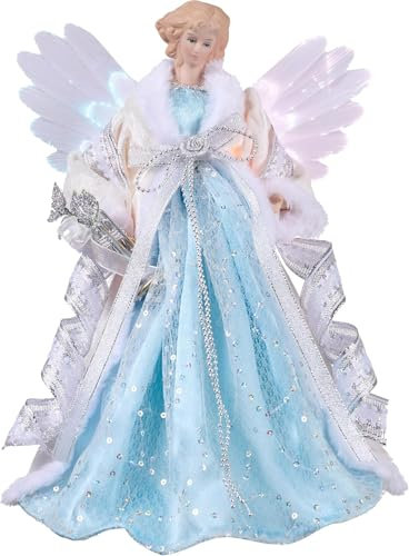 Valery Madelyn 27cm Engel Weihnachtsbaumspitze mit Feder Flügeln Christbaumspitze batteriebetriebe Bunte LED beleuchtete Baum-Spitzenengel Figur Blau