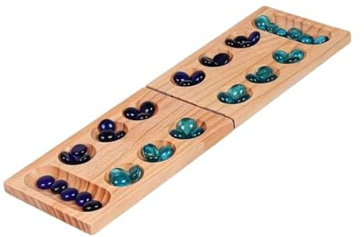 Mancala Kalaha Board Game with Folding Wooden Board Natural Stone Pebbles 13 Inch