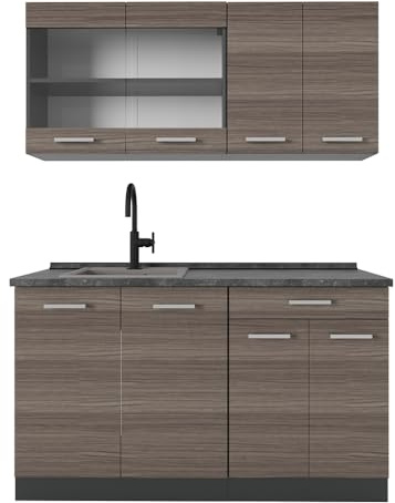 Vicco Singleküche R-Line, Edelgrau, 140 cm, AP Anthrazit, zur flexiblen Erweiterung mit weiteren Modulen geeignet