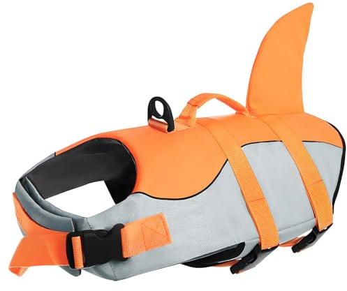 Voarge Giubbotti di salvataggio per cani squalo, Salvagente Cane Squalo con Manico e Catarifrangente, Pet Gilet di sicurezza Costumi da bagno Dog Life VestGrigio, S M (Orange, XL)