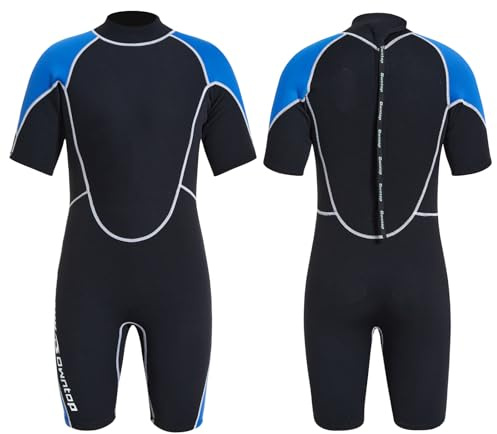 Owntop Shorty - Muta corta in neoprene, 1,5 mm, da uomo e da donna, con chiusura lampo, per immersioni, surf, a maniche corte, in neoprene, per sport acquatici, da uomo, blu, XL