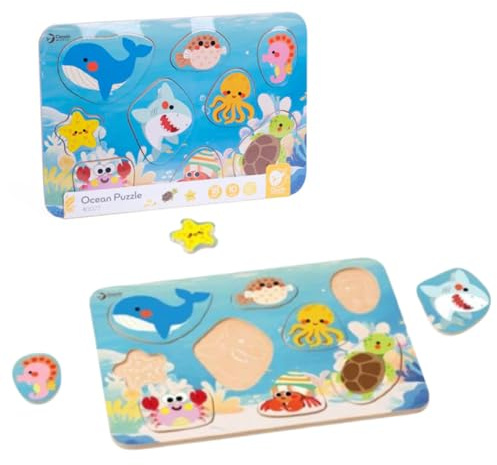 Classic World - Puzzle Océano, Rompecabezas de Madera para Niños y Bebés, Juego de Encastre con 9 Animales Marinos, Juguete Educativo Montessori para +18 Meses