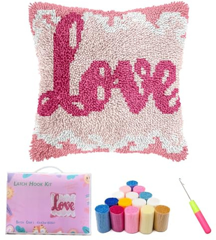 Kaseremy Love Latch Hook Cushion Kits for Adults Beginners, Cushion Covers for Crafting, Crochet Craft Kits DIY Pillowcase Sofa Home Decor, Valentine's Day Birthday Gift for Women (Love)