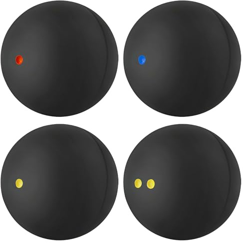 ZJIVQO 4 Pcs Squash Balls, Single Yellow Dots, Single Red, Blue, Double Yellow Dots, Sports Squash Ball for Beginners and Training
