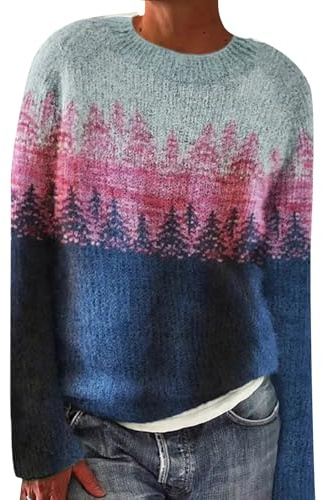 Generisch Jersey noruego para mujer, suéter de invierno para mujer, cálido, cómodo, sudadera de forro polar, jersey largo, elegante jersey de punto a rayas, manga larga, suéter noruego, Rosa., M