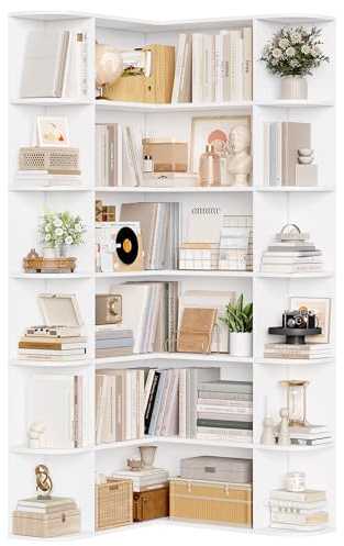 FirFurd 185cm Libreria Angolare, Libreria da Parete a 6 Ripiani, Mobile Angolare Soggiorno Salvaspazio a Forma di L, Vetrina con 18 Scomparti, per Studio, Soggiorno, Cucina, 80x84x185 cm (Bianco)
