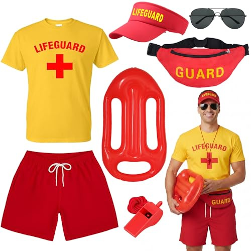 Fictoria Lifeguard Costume Accessories Set - Baywatch Style Fancy Dress with Whistle Hat Inflatable Float and Sunglasses, Life Guard Dress Up for Men Women Cosplay Pool Beach Party (M)