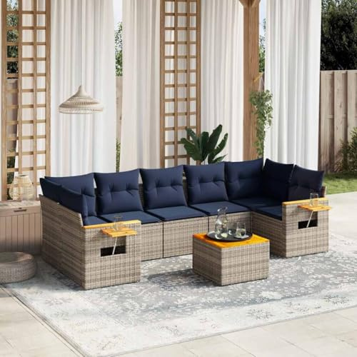 YunCangg Ensemble de canapé de jardin 8 pièces avec coussins gris en rotin synthétique résistant aux intempéries pour terrasse, balcon et jardin avec table et groupe de sièges, tressage en polyrotin