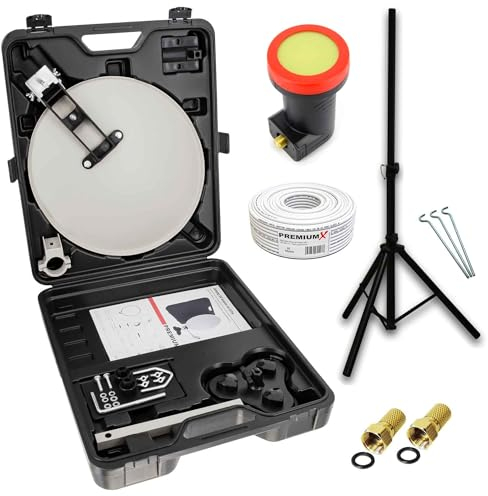 Premium X Antenne satellite mobile de camping - Antenne satellite - LNB simple - Câble de 10 m - 2 fiches F - Trépied