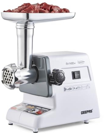 GEEPAS 1400W Electric Meat Grinder Food Grinding Mincing Machine White | Meat Mincer Sausage Kibbe Attachment 3 Cutting Plates Reverse Function