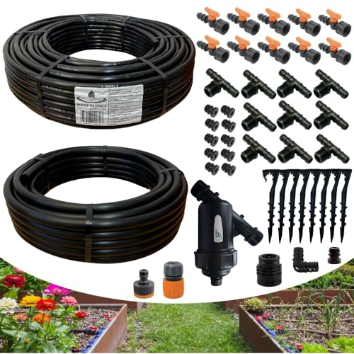 acquaverde | Kit Irrigazione a Goccia Orto da 100 mq con Ala Gocciolante 2 l/h passo 20 cm, Impianto Completo di Raccordi e Filtro, Sistema Irriguo ideale anche per Giardino e Piante - MADE IN ITALY