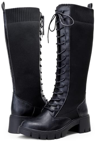 Vepose Women's Black Lace Platform Combat Knee High Boots with Comfort 953 Chunky Heel Size 8 (CJY953 Black 08)