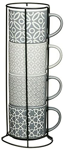 HomeDecor4u- New Geo Set of 4 Jumbo Embossed Stacking Tea Coffee Mugs Grey with Metal Stand