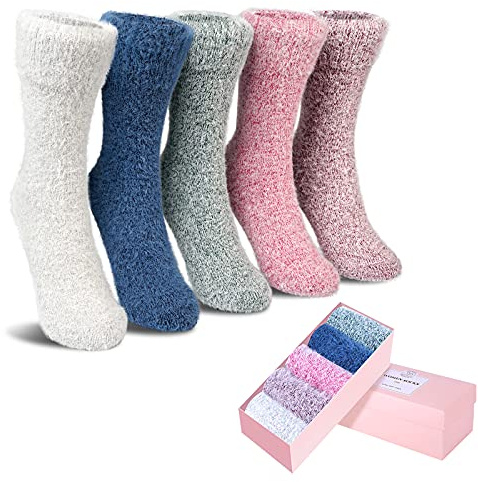 ICEIVY Fluffy Socks Gifts for Women Winter Warm Wool Thermal Bed Socks Ladies Stocking Fillers Presents for Women with Gifts Box, 5 Pairs, 4-9