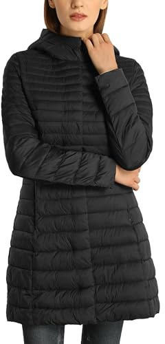 Giolshon Chaqueta Acolchada Ligera para Mujer con Capucha, Largo Abrigo de Relleno de Algodón Cálido de Invierno Slim Fit 320 Negro S