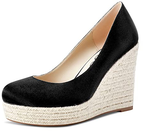 Aachcol Femmes Plate-Forme Compensé Escarpins Haut High Talon Heel Fermé Rond Bout Slip-on Dress Chaussures Mariage Party 10 CM Noir Satin 41 EU