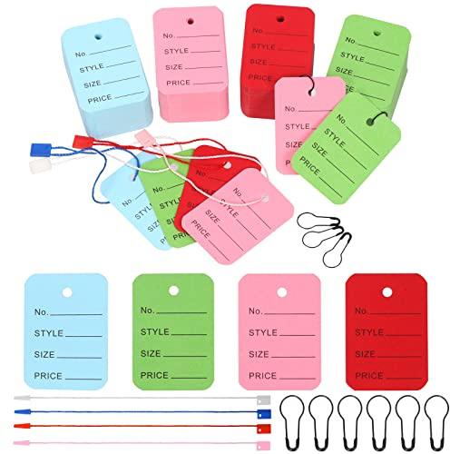 Swpeet Lot de 1 300 étiquettes de prix colorées et ficelle à suspendre, 4 couleurs, étiquettes de magasin pour vêtements, étiquettes de marquage, étiquettes non cordées, avec corde en nylon à