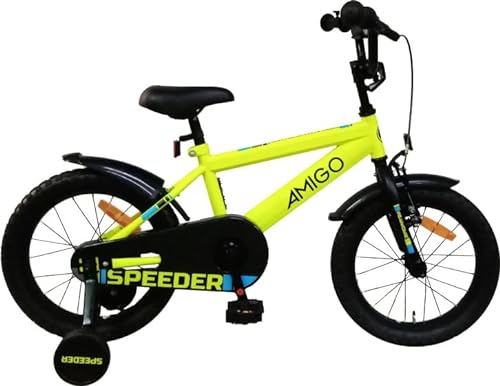 AMIGO Speeder - Kinderfahrrad - 16 Zoll - mit Handbremse, Rücktritt, Lenkerpolster und Stützräder - ab 5-6 Jahre - Gelb/Schwarz
