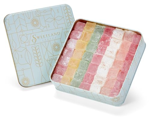 Sweetland London Turkish Delight Assorted Selection - 700g | Mixed Tin Containing Strawberry, Orange, Mint, Lemon, Rose & Plain Flavours | Presented in Beautiful Gift Box | Ideal for Sharing