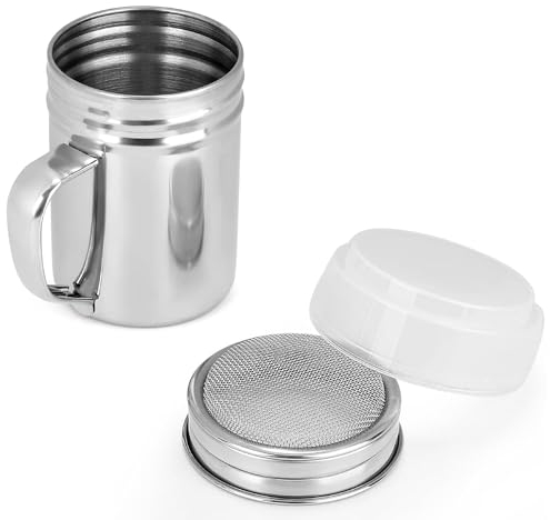 Flour Shakers with Handle Stainless Steel Container Sifter Chocolate Powder Shaker with 16 Coffee Molds Stencils for Kitchen DIY Cappuccino Sugar Cocoa Flour Latte Coffee