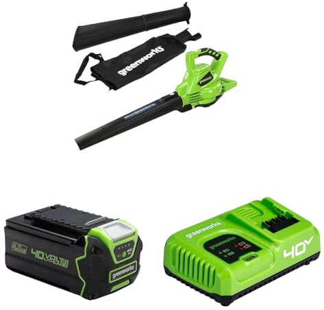 Greenworks 40V Akku Laubsauger/Laubbläser mit bürstenlosem Motor, 280 km/h, 9,63 m³/min, 45L Fangsack, Zwei 4Ah Akkus & Ladegerät, 3 Jahre Garantie GD40BVK4X