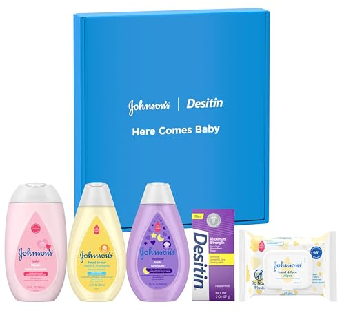 Johnson's Baby Here Comes Baby Gift Set, Baby Essentials for New Parents with Moisturizing Lotion, Bedtime Bath, Body Wash & Shampoo, Hand & Face Wipes, & Diaper Rash Cream, 5 Items