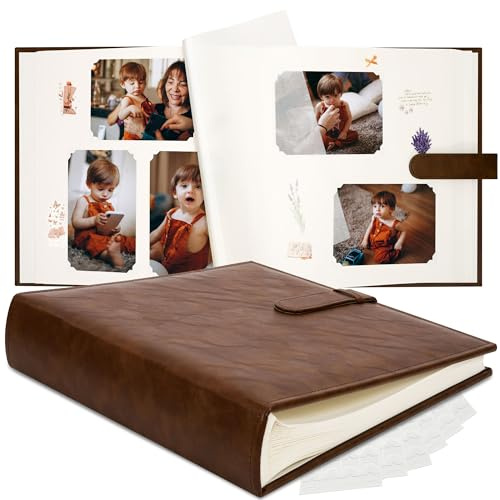 Vienrose Scrapbook Photo Album with Writing Space 12 x 12, Premium DIY Scrapbooking Albums with 60 Pages, Large Photos Book Faux Leather Cover for Wedding Family Baby Travel Graduation, Dark Brown