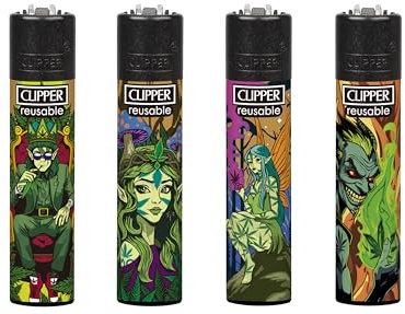 Clipper - Juego de 4 Mecheros Reusables | Encendedores en Tamaño Grande | Reutilizables con Nuestros Kits | Diseños (420 Cool Elf)