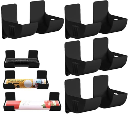HAMKU 4 Paires Film Alimentaire Support Rangement Porte,Adhésif Étagère Murale Avec Pour Armoire Salle De Bains Réfrigérateur Boîte D'Organisation Mur Rouleaux Cuisine,Noir